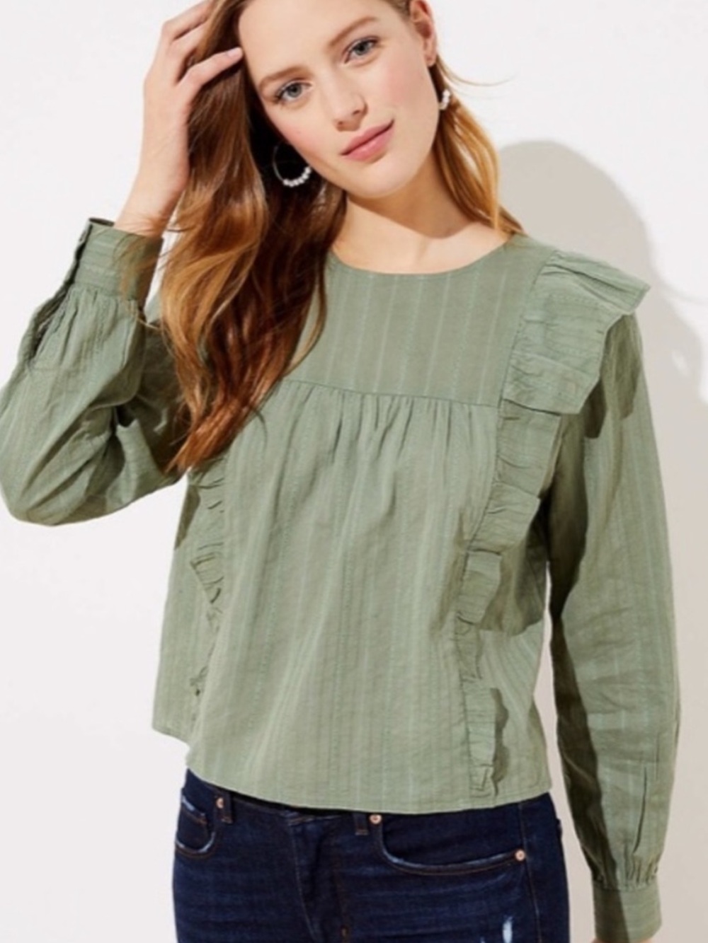 LOFT Ruffle Cropped Yoke Long-Sleeve Blouse in Sage Green SP